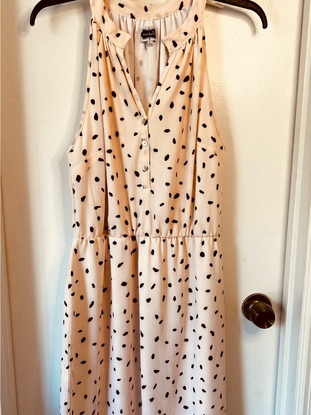 Mud Pie V-Neck Sundress- blush with black polka dots.